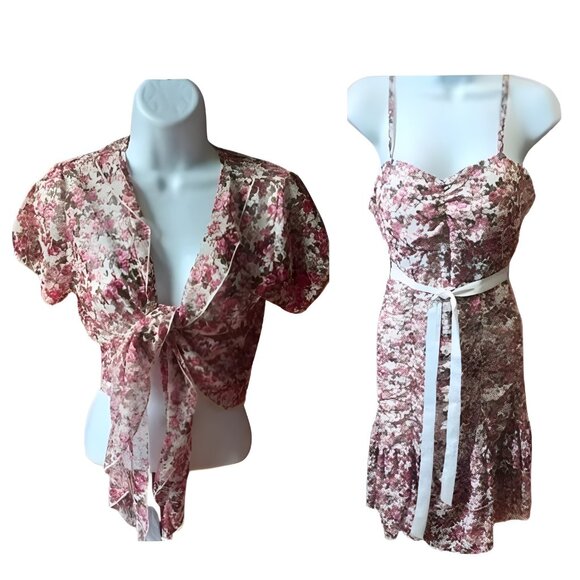 Pink and White Floral Print Dress and Shrug Set Size Medium - Picture 1 of 12